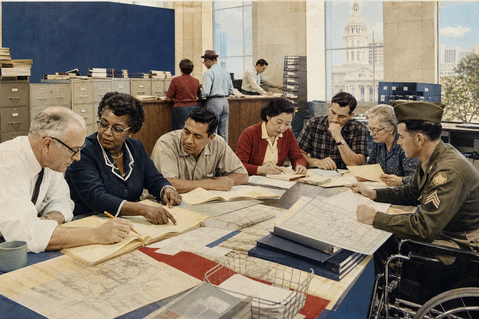 Citizens examine municipal ledgers and records together in a public archive