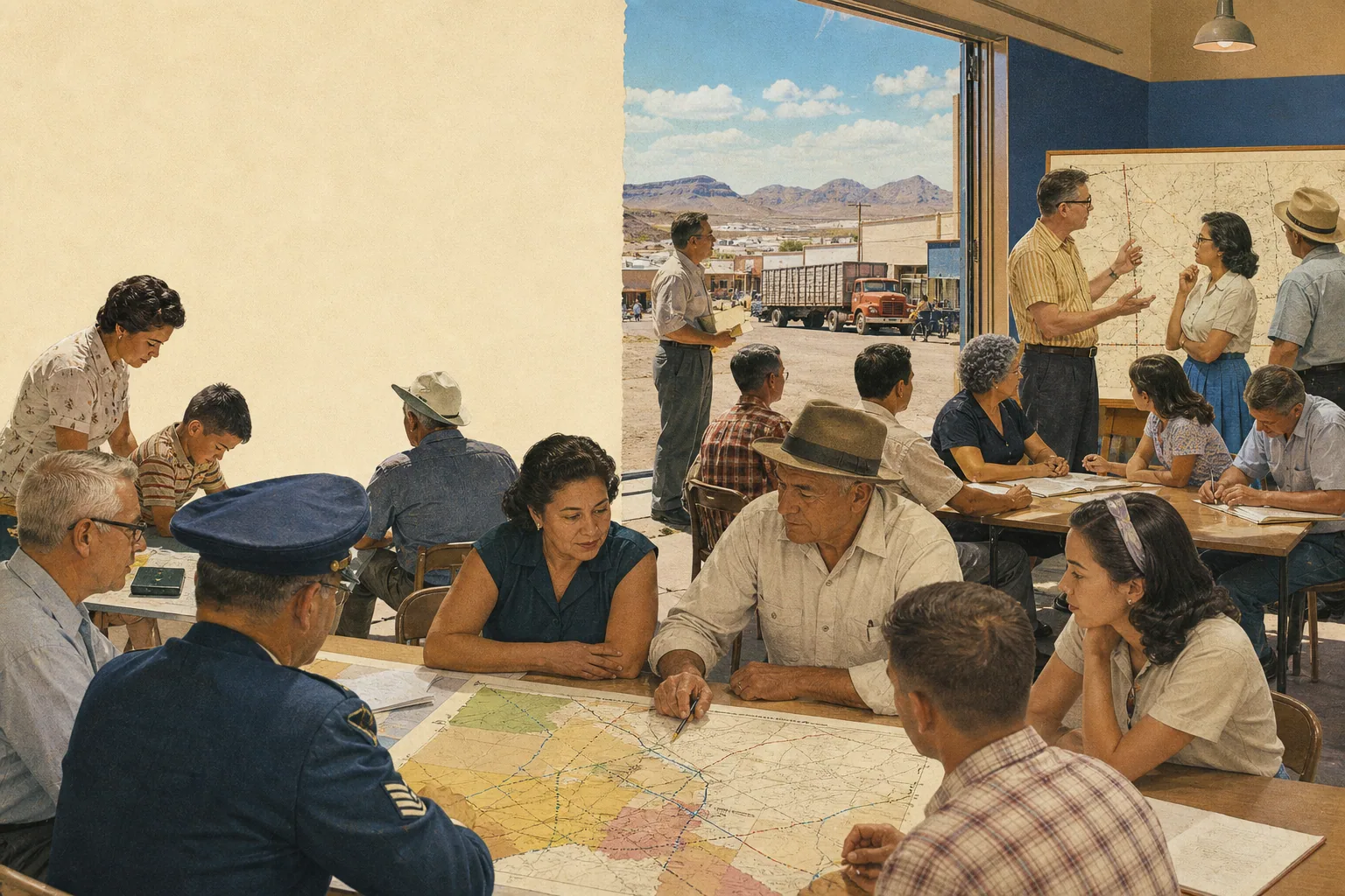 Neighbors and workers review a regional map during a public meeting in a Southwestern town